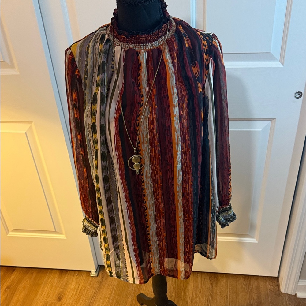 3/$20 Fig and Flower Boho Blouse in Striped Pattern 1X